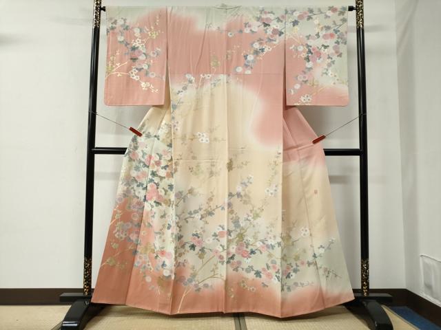 平和屋着物●十日町友禅作家　松雨　訪問着　枝花文　暈し染め　金銀彩　正絹　逸品　CABE2200yc