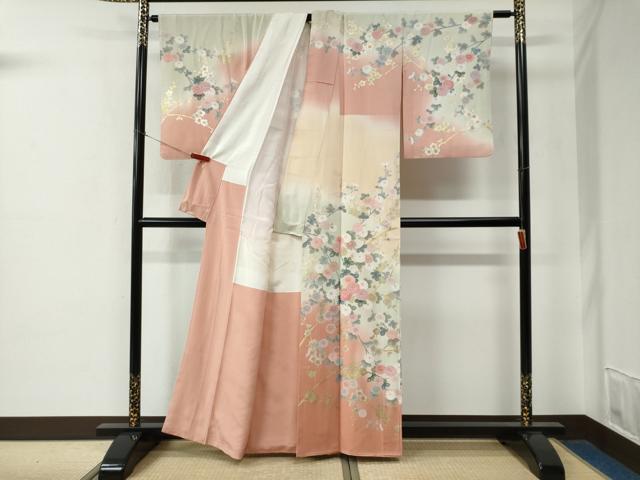 平和屋着物●十日町友禅作家　松雨　訪問着　枝花文　暈し染め　金銀彩　正絹　逸品　CABE2200yc