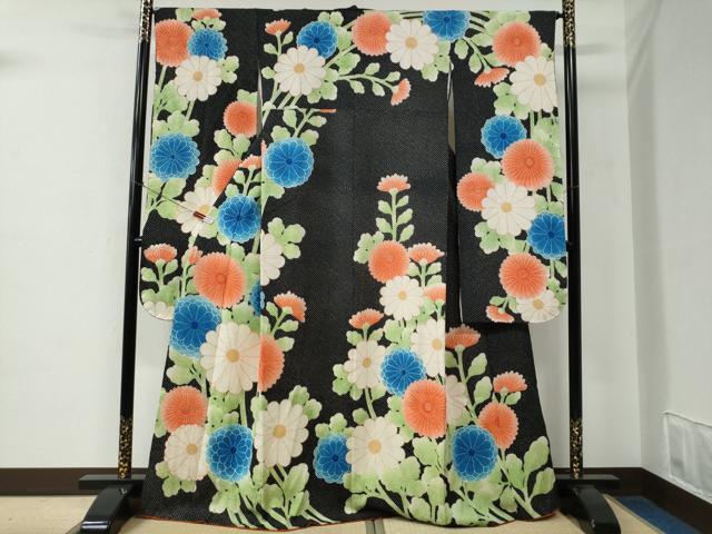 平和屋着物●名門　藤娘きぬたや・総絞り　振袖　枝菊文　黒地　正絹　逸品　CABE2213yc