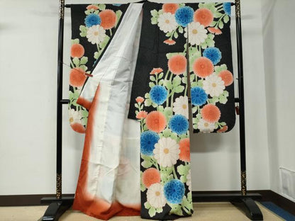 平和屋着物●名門　藤娘きぬたや・総絞り　振袖　枝菊文　黒地　正絹　逸品　CABE2213yc