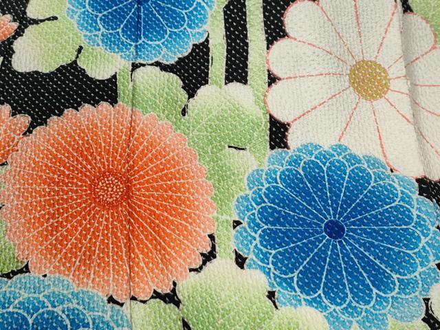 平和屋着物●名門　藤娘きぬたや・総絞り　振袖　枝菊文　黒地　正絹　逸品　CABE2213yc