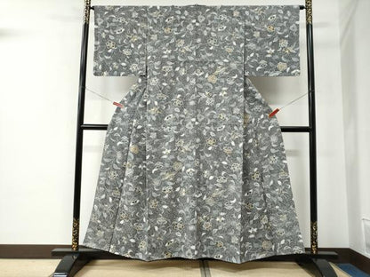 平和屋着物●上質な小紋　鳳凰更紗草花文　たたき染め　黒地　金彩　正絹　逸品　CABE2231yc