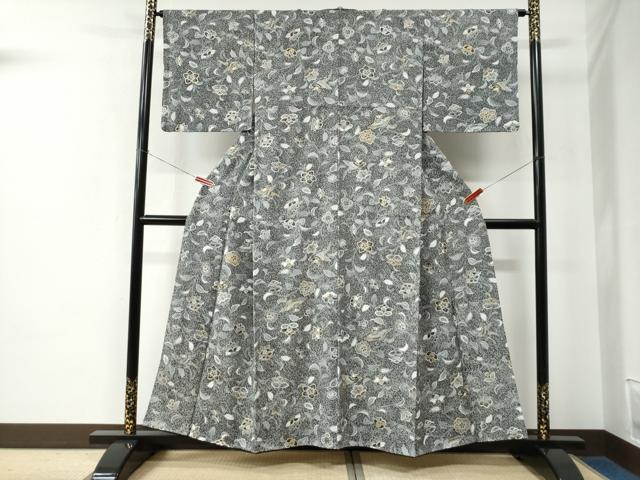 平和屋着物●上質な小紋　鳳凰更紗草花文　たたき染め　黒地　金彩　正絹　逸品　CABE2231yc