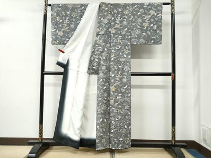 平和屋着物●上質な小紋　鳳凰更紗草花文　たたき染め　黒地　金彩　正絹　逸品　CABE2231yc