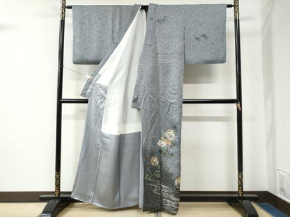 平和屋着物●訪問着　流水飛鶴草花丸文　たたき染め　金彩　正絹　逸品　CABE2232yc
