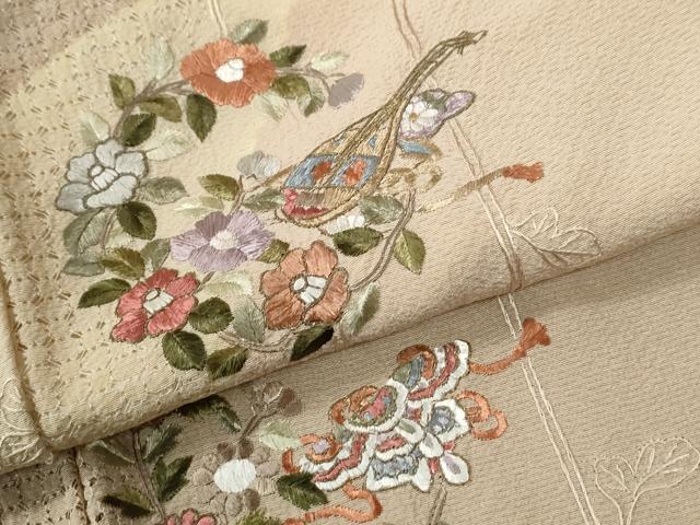 平和屋着物●中国三大刺繍　スワトウ刺繍　総刺繍　訪問着　琵琶　草花文　金糸　正絹　逸品　CABE2239yc