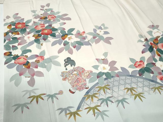 平和屋着物●訪問着　友禅　作家物　童子　枝椿籬笹文　暈し染め　正絹　逸品　CABE2241yc
