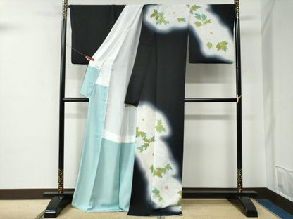 平和屋着物●訪問着　牡丹　暈し染め　黒地　金彩　ロング丈　正絹　逸品　CABE2253yc
