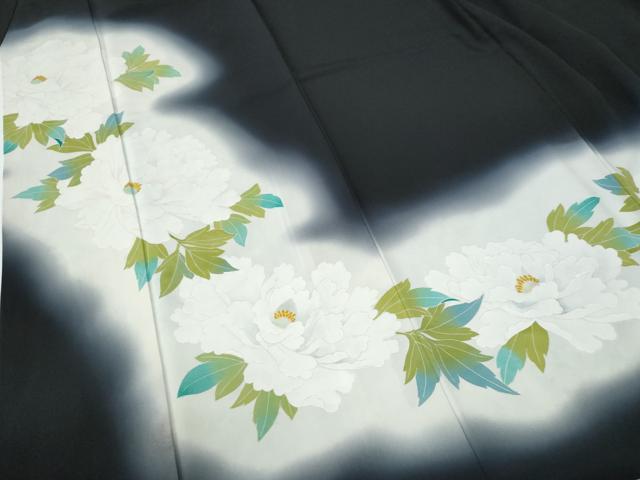 平和屋着物●訪問着　牡丹　暈し染め　黒地　金彩　ロング丈　正絹　逸品　CABE2253yc