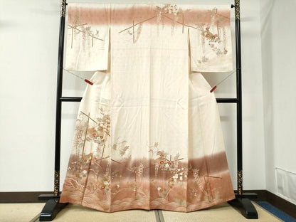 平和屋着物●訪問着　刺繍　扇面竹垣草花文　暈し染め　金彩　正絹　逸品　CABE2258yc