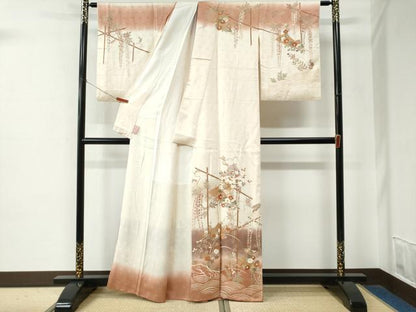 平和屋着物●訪問着　刺繍　扇面竹垣草花文　暈し染め　金彩　正絹　逸品　CABE2258yc