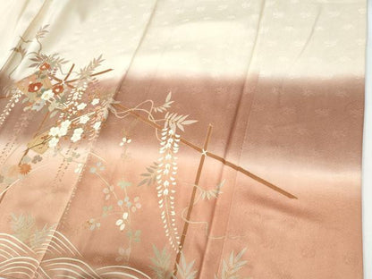 平和屋着物●訪問着　刺繍　扇面竹垣草花文　暈し染め　金彩　正絹　逸品　CABE2258yc