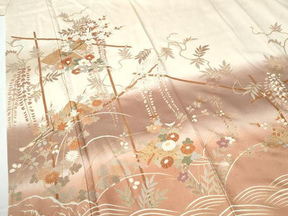 平和屋着物●訪問着　刺繍　扇面竹垣草花文　暈し染め　金彩　正絹　逸品　CABE2258yc
