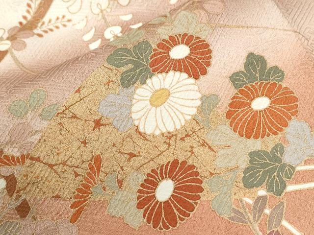 平和屋着物●訪問着　刺繍　扇面竹垣草花文　暈し染め　金彩　正絹　逸品　CABE2258yc