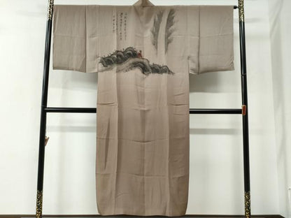 平和屋着物●男性　長襦袢　袷　作家物　手描き　人物風景文　暈し染め　金彩　正絹　逸品　CABE2266yc