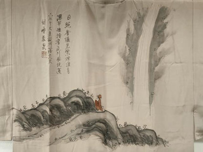 平和屋着物●男性　長襦袢　袷　作家物　手描き　人物風景文　暈し染め　金彩　正絹　逸品　CABE2266yc