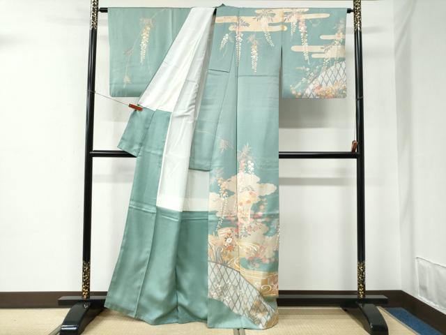 平和屋着物●訪問着　雲取り流水籬草花文　金彩　正絹　逸品　CABE2267yc
