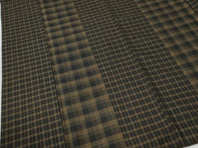 平和屋着物●上質な紬　変わり格子　黒地　ロング丈　正絹　逸品　CABE2268yc