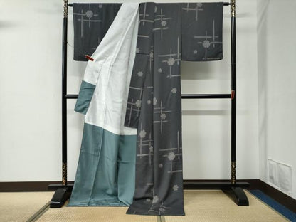 平和屋着物●上質な小紋　格子　雪輪文　ロング丈　正絹　逸品　CABE2270yc
