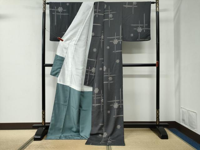平和屋着物●上質な小紋　格子　雪輪文　ロング丈　正絹　逸品　CABE2270yc