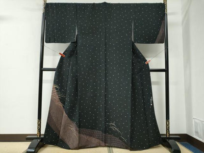 平和屋着物●伝統工芸士 染谷梅治　訪問着　芝草花菱文　黒地　さが美扱い　正絹　逸品　CABE2274yc