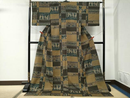 平和屋着物●上質な小紋　変わり市松エジプト壁画文様　ロング丈　正絹　逸品　CABE2276yc