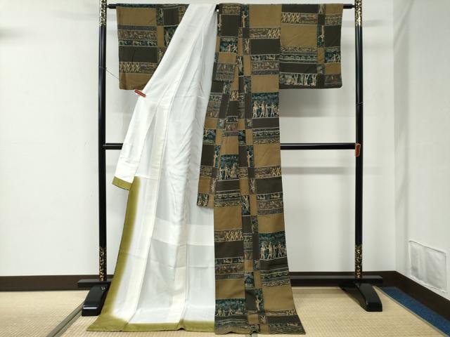 平和屋着物●上質な小紋　変わり市松エジプト壁画文様　ロング丈　正絹　逸品　CABE2276yc
