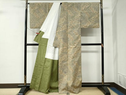 平和屋着物●小千谷紬　100亀甲　鳳凰更紗花唐草文　正絹　逸品　CABE2287yc