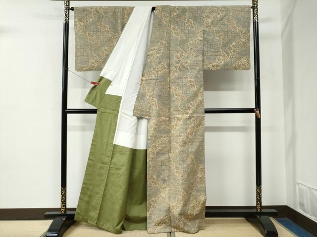 平和屋着物●小千谷紬　100亀甲　鳳凰更紗花唐草文　正絹　逸品　CABE2287yc