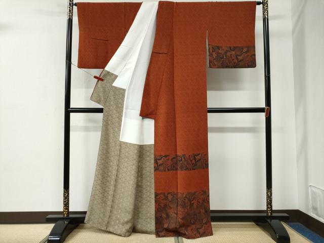 平和屋着物●訪問着　更紗花唐草文　鬼しぼ縮緬　正絹　逸品　CABE2303yc