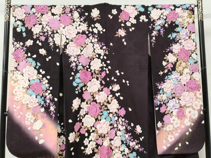 平和屋着物●豪華振袖　牡丹花文　ラメ糸　ラインストーン　暈し染め　金銀彩　正絹　逸品　CABE2341yc