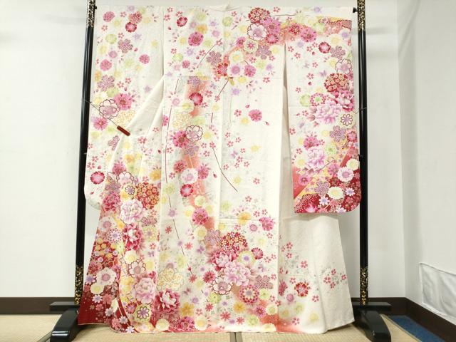 平和屋着物●豪華振袖　吉祥牡丹花文　ラメ糸　暈し染め　銀通し地　正絹　逸品　CABE2343yc