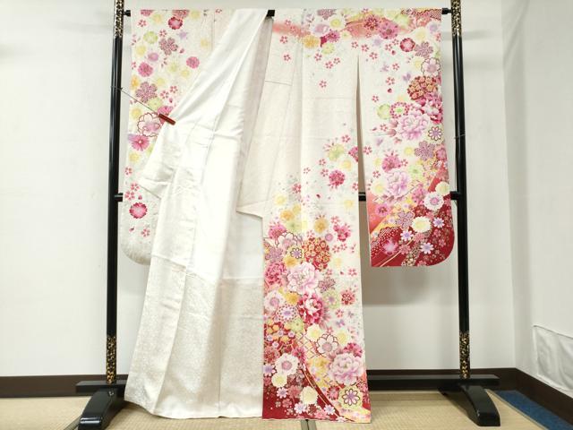 平和屋着物●豪華振袖　吉祥牡丹花文　ラメ糸　暈し染め　銀通し地　正絹　逸品　CABE2343yc