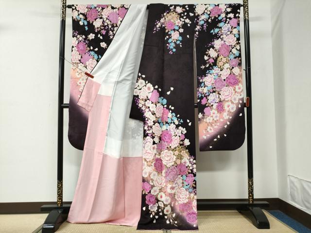 平和屋着物●豪華振袖　牡丹花文　ラメ糸　ラインストーン　暈し染め　金銀彩　正絹　逸品　CABE2344yc