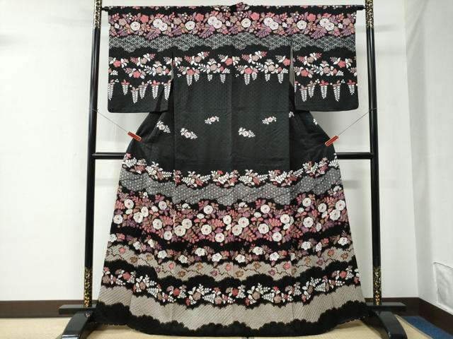 平和屋着物●訪問着　辻が花　絞り　黒地　正絹　逸品　CABE2350yc