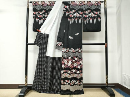 平和屋着物●訪問着　辻が花　絞り　黒地　正絹　逸品　CABE2350yc