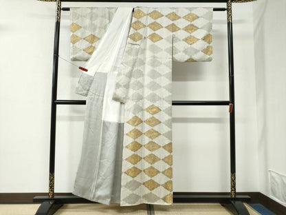 平和屋着物●訪問着　絞り　刺繍　菱草花文　金彩　正絹　逸品　CABE2351yc