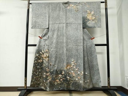 平和屋着物●訪問着　貝桶花筏文　たたき染め　黒地　金彩　正絹　逸品　CABE2353yc