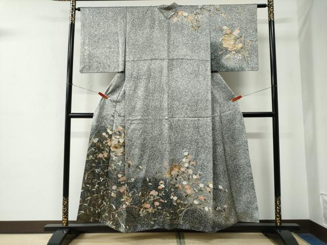 平和屋着物●訪問着　貝桶花筏文　たたき染め　黒地　金彩　正絹　逸品　CABE2353yc