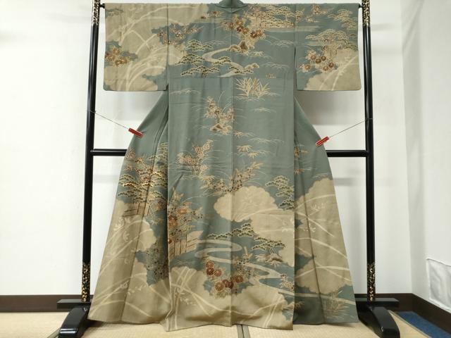 平和屋着物●訪問着　駒刺繍　雲取り松竹梅草花文　金彩　正絹　逸品　CABE2355yc