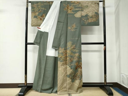 平和屋着物●訪問着　駒刺繍　雲取り松竹梅草花文　金彩　正絹　逸品　CABE2355yc