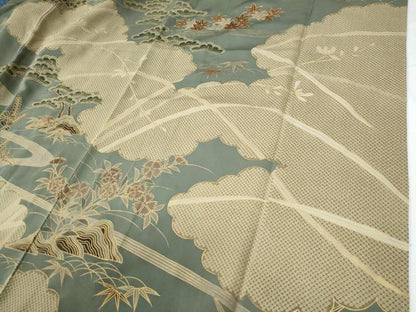 平和屋着物●訪問着　駒刺繍　雲取り松竹梅草花文　金彩　正絹　逸品　CABE2355yc