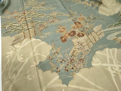 平和屋着物●訪問着　駒刺繍　雲取り松竹梅草花文　金彩　正絹　逸品　CABE2355yc
