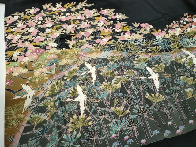 平和屋着物●豪華黒留袖　友禅　作家物　飛鶴松竹梅　正絹　逸品　CABE2361yc