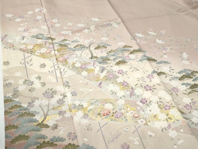平和屋着物●訪問着　浜松飛鶴枝垂れ柳籬草花文　暈し染め　金銀彩　正絹　逸品　CABE2375yc