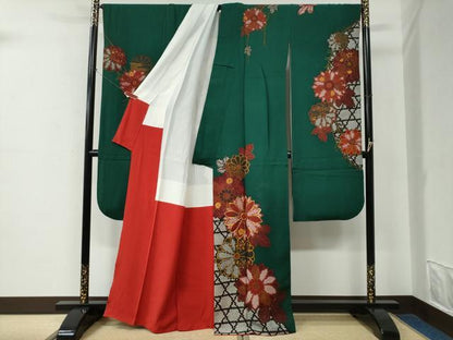 平和屋着物●豪華振袖　駒刺繍　網目鹿の子花唐草文　正絹　逸品　CABE2383yc