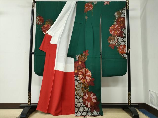 平和屋着物●豪華振袖　駒刺繍　網目鹿の子花唐草文　正絹　逸品　CABE2383yc