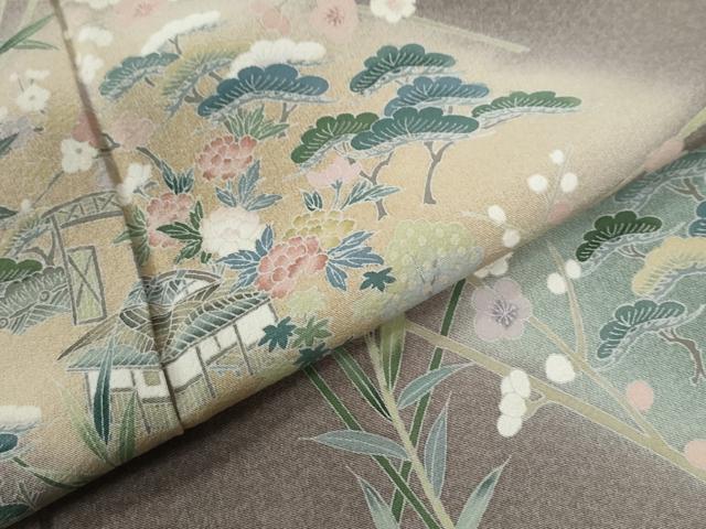 平和屋着物●訪問着　友禅　松竹梅籬風景文　暈し染め　正絹　逸品　CABE2386yc