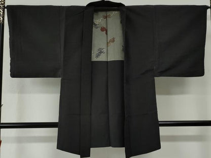 平和屋着物●男性　紬　アンサンブル　霞文　黒地　羽裏：唐獅子　正絹　逸品　CABE2404yc