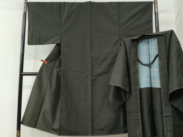 平和屋着物●男性　紬　アンサンブル　色無地　憲法黒茶色　正絹　逸品　未使用　CABE2407yc